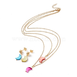 Synthetic Shell Moon Pendant Double Layer Necklaces and Dangle Stud Earrings, Gold Plated 304 Stainless Steel Jewelry Sets for Women, Colorful, 16.22 inch(41.2cm), 25mm, Pin: 0.8mm(SJEW-F217-02G)