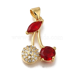 Rack Plating Brass Micro Pave Cubic Zirconia Pendants, Long-Lasting Plated, Cadmium Free & Lead Free, Real 18K Gold Plated, Cherry, Red, 19x13.5x4mm, Hole: 4mm(KK-G500-29G-02)