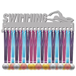Fashion Iron Medal Hanger Holder Display Wall Rack, 20 Hooks, with Screws, Word SWIMMING, Silver Color Plated, 117x400mm(ODIS-WH0037-008)