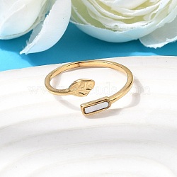 304 Stainless Steel & Natural Shell Cuff Rings for Women, Real 18K Gold Plated, Ion Plating(IP), Long-Lasting Plated, Creamy White, Rectangle, US Size 7(17.3mm)(RJEW-G372-01G-05)