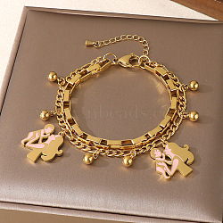Mother's Day 304 Stainless Steel Figaro Chain & Box Chain Double Layered Bracelets, Charm Bracelets for Women, with Enamel, Golden, Mom & Baby Boy, 7.48 inch(19cm)(FS-WGD8770-09)
