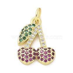 Brass Micro Pave Cubic Zirconia Pendants, Fruits, Rack Plating, Long-Lasting Plated, Lead Free & Cadmium Free, with Jump Ring, Real 18K Gold Plated, Cherry, 16.5x12.5x2.5mm, Hole: 3mm(KK-S511-03E-G)