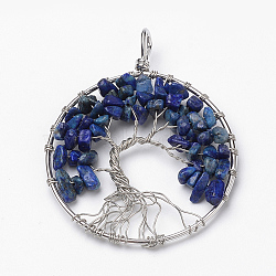 Natural Lapis Lazuli Big Pendants, with Brass Findings, Dyed, Flat Round with Tree of Life, Platinum, 64x50~52x7mm, Hole: 5x4mm(G-S271-24B)