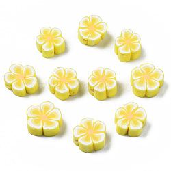 Handmade Polymer Clay Beads, Flower, Yellow, 7~10x7~11x3~5mm, Hole: 1.6mm(X1-CLAY-S096-006G)
