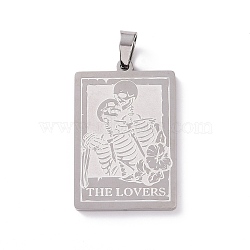201 Stainless Steel Pendants, Rectangle with Lovers Skull Pattern & Word The Lovers, Stainless Steel Color, 35x23x2mm, Hole: 4x6mm(STAS-G273-12P)