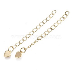 Brass Chain Extender, Cable Chain, Nickel Free, with Heart Shape Charms, Real 18K Gold Plated, 53mm, Link: 4x3x0.4mm, Inner Size: 3x2mm, Heart: 6.5x5x0.5mm(X-KK-T056-41G-NF)