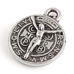 Tibetan Style Alloy Pendants, Flat Round with Saint Benedict, Cadmium Free & Lead Free, Antique Silver, 17x14x3mm, Hole: 2mm(X-TIBE-S298-190AS-LF)