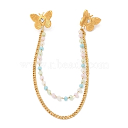 304 Stainless Steel Pave Clear Cubic Zirconia & Dyed Colorful Stone Butterfly Hanging Chain Brooch, Golden, 180mm(JEWB-S021-07G)