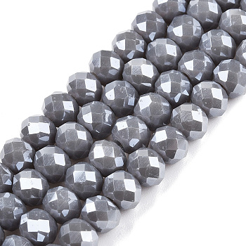 Electroplate Glass Beads Strands, Pearl Luster Plated, Faceted, Rondelle, Dark Gray, 6x5mm, Hole: 1mm, about 84~85pcs/strand, 41.5~42cm