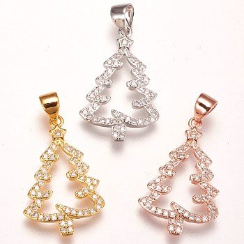 Brass Micro Pave Cubic Zirconia Pendants, Christmas Tree, Clear, Mixed Color, 23x15x2mm, Hole: 3.5x5mm