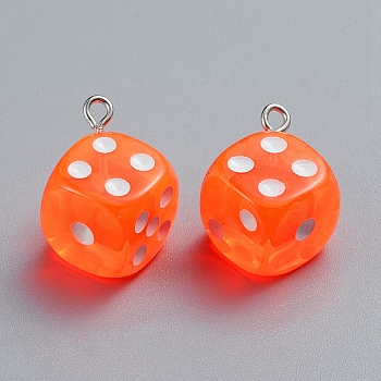 Transparent Resin Pendants, with Platinum Plated Iron Loops, Dice, Orange, 23.5x19x19mm, Hole: 2mm