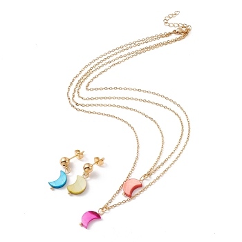 Synthetic Shell Moon Pendant Double Layer Necklaces and Dangle Stud Earrings, Gold Plated 304 Stainless Steel Jewelry Sets for Women, Colorful, 16.22 inch(41.2cm), 25mm, Pin: 0.8mm