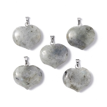 Natural Labradorite Pendants, Heart Charms, with Platinum Tone Brass Findings, 23.5x25x8.5mm, Hole: 5x3.5mm