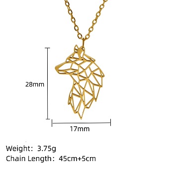 Stainless Steel Geometric Artistic Hollow Animal Pendant Necklaces, Clavicle Chain Necklaces for Women, Golden, Wolf, 17.72 inch(45cm)