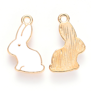 Alloy Enamel Pendants, Rabbit, Light Gold, White, 17x11x1.5mm, Hole: 1.4mm