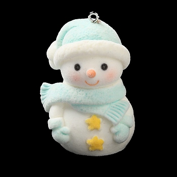 Flocky Resin Big Pendants, Snowman Charms with Platinum Plated Iron Loops, Light Cyan, 51x35x28mm, Hole: 2mm
