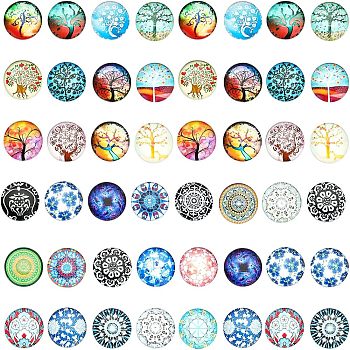 CHGCRAFT 48Pcs 2 Style Glass Cabochons, Half Round/Dome with Tree of Life & Flower Pattern, Mixed Patterns, 25x6~7mm, 24pcs/style 