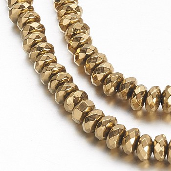 Non-magnetic Synthetic Hematite Beads Strands, Grade A, Faceted, Rondelle, Golden Plated, 4x2.5mm, Hole: 1mm, about 136pcs/strand, 15.7 inch