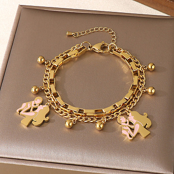Mother's Day 304 Stainless Steel Figaro Chain & Box Chain Double Layered Bracelets, Charm Bracelets for Women, with Enamel, Golden, Mom & Baby Boy, 7.48 inch(19cm)