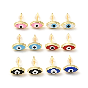 Enamel Horse Eye Stud Earrings, Gold Plated Brass Jewelry for Women, Cadmium Free & Lead Free, Mixed Color, 5x9.5mm, Pin: 0.7mm
