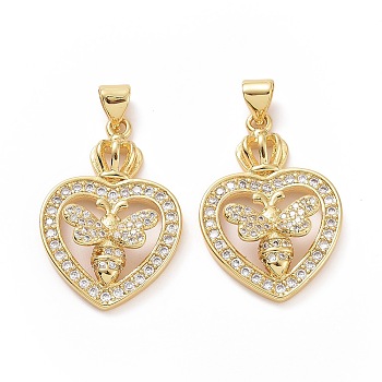 Brass Cubic Zirconia Pendants, Heart with Bees Charm, Golden, 27x18x6mm, Hole: 3x5mm