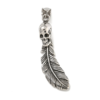 316 Surgical Stainless Steel Big Pendants, Feather with Skull Charm, Antique Silver, 50.5x13.5x10.5mm, Hole: 7.6x4.2mm