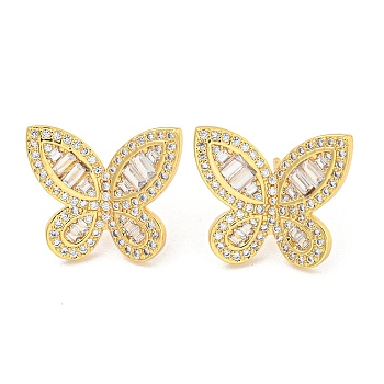 Rack Plating Brass Pave Clear Cubic Zirconia Stud Earring Finding, Cadmium Free & Lead Free, Long-Lasting Plated, Butterfly, Real 18K Gold Plated, 18x21mm