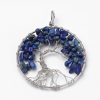 Natural Lapis Lazuli Big Pendants, with Brass Findings, Dyed, Flat Round with Tree of Life, Platinum, 64x50~52x7mm, Hole: 5x4mm