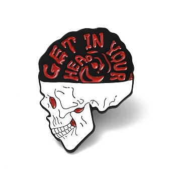 Word Get In Your Head Enamel Pin, Skull Halloween Alloy Badge for Backpack Clothes, Electrophoresis Black, White, 30.5x24.5x1.4mm