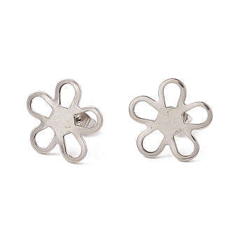 Non-Tarnish 201 Stainless Steel Stud Earring Findings, with Ear Nuts and 304 Stainless Steel Pins, Flower, Stainless Steel Color, 16x16.5mm, Pin: 0.7mm