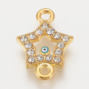 Alloy Rhinestone Links connectors, Cadmium Free & Lead Free, Star with Evil Eye, Sky Blue, Golden, 19x13.5x2mm, Hole: 2mm