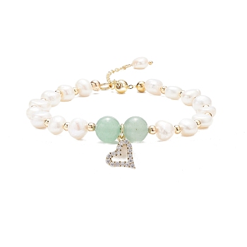Natural Green Aventurine & Pearl Beaded Bracelet with Cubic Zirconia Heart Charm, Gemstone Jewelry for Women, Inner Diameter: 2-1/8~2-5/5 inch(5.4~6.8cm)