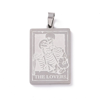201 Stainless Steel Pendants, Rectangle with Lovers Skull Pattern & Word The Lovers, Stainless Steel Color, 35x23x2mm, Hole: 4x6mm