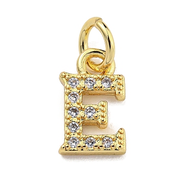 Initial Letter Brass with Cubic Zirconia Charms, Real 18K Gold Plated, Long-Lasting Plated, Lead Free & Cadmium Free, Letter E, 10x6x1.5mm, ring: 5x1mm, inner diameter: 3mm