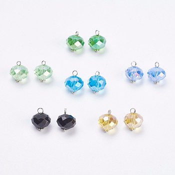 Glass Charms, with Brass Findings, Rondelle, Faceted, Platinum, Mixed Color, 14x11.5~12mm, Hole: 2mm