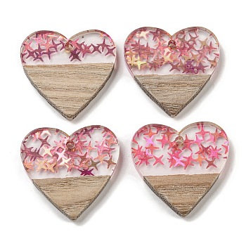 Wooden Pendants, Resin and Gold Foil, Heart, Cerise, 24x25x4mm, Hole: 2mm