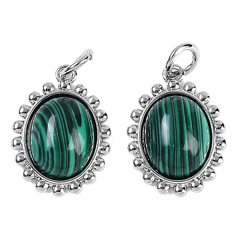 Synthetic Malachite Oval Pendants, Brass Oval Charms with Jump Rings, Platinum, 16x12x5mm, Hole: 3mm