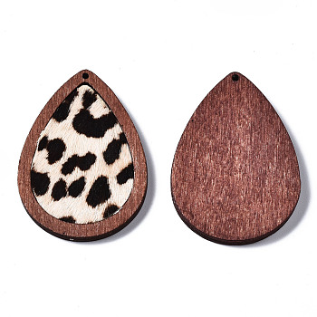 Eco-Friendly Cowhide Leather Pendants, with Dyed Wood, Teardrop with Leopard Print, Coconut Brown, 46x32.5x4mm, Hole: 1.2mm