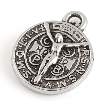 Tibetan Style Alloy Pendants, Flat Round with Saint Benedict, Cadmium Free & Lead Free, Antique Silver, 17x14x3mm, Hole: 2mm