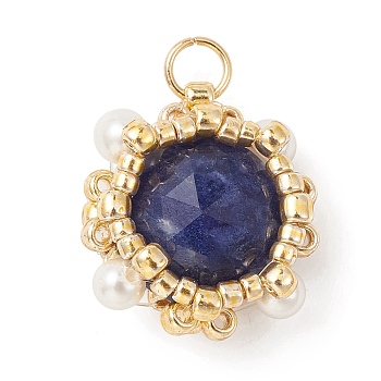 Natural Sodalite Pendants, Faceted Flat Round Charms with TOHO Round Seed Beads and Round Shell Pearl Beads Wrapped, Real 18K Gold Plated, 15x13.5x6.5mm, Hole: 2.6mm