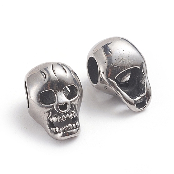 Halloween 304 Stainless Steel Beads, Large Hole Beads, Skull Head, Antique Silver, 14.5x10x9.5mm, Hole: 5mm