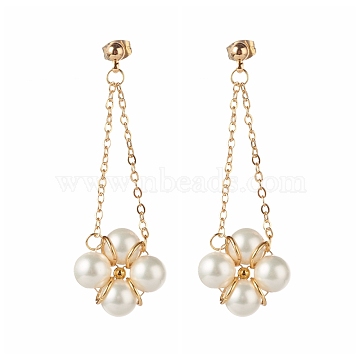 Flower Round Shell Pearl Beads Earrings for Girl Women, Brass Dangle Stud Earrings, Golden, 52mm, Pin: 0.8mm(EJEW-TA00009)