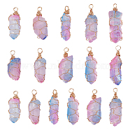 16Pcs Electroplated Raw Rough Natural Quartz Crystal Pendants, Light Gold Plated Copper Wire Wrapped Nuggets Charms, Faceted, Colorful, 32~46x8.5~9.5x8~10mm, Hole: 4mm(PALLOY-AB00115)