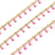 3.28 Feet Handmade Enamel Beaded Chains, with Brass Curb Chains, Soldered, Long-Lasting Plated, Real 18K Gold Plated,Deep Pink, 5.5x1.5~2mm(X-CHC-P007-D02)