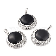 Natural Obsidian Pendants with Hollow Platinum Brass Findings, Flat Round, 33.5x30x6mm, Hole: 8x5mm(G-P448-A12-P)