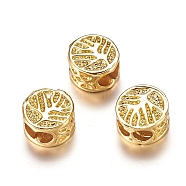Brass Micro Pave Cubic Zirconia Beads, Flat Round with Tree of Life, Cadmium Free & Lead Free, Golden, 8x5mm, Hole: 3x5mm(X-ZIRC-F067-09G-RS)