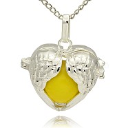 Silver Color Plated Brass Hollow Heart Cage Pendants, with No Hole Spray Painted Brass Ball Beads, Gold, 28x30x16mm, Hole: 3x8mm(KK-J241-08S)