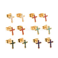 304 Stainless Steel Enamel Stud Earrings, with 316 Surgical Stainless Steel Pin & Glitter Powder, Golden, Cross, Mixed Color, 10x7x1mm, Pin: 0.8mm(EJEW-B009-15G)