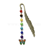 Butterfly Alloy Enamel Pendant Bookmark with Chakra Gemstone Bead, Alloy Feather Bookmarks, Green, 140x14.5x3.5mm(AJEW-JK00253-05)