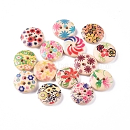2-Hole Printed Wooden Buttons, for Sewing Crafting, Flat Round, Dyed, Mixed Color, 14.5~15x4mm, Hole: 2mm(X-WOOD-E011-01)